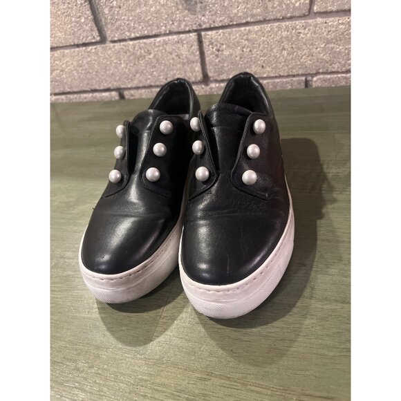 Womens Black Slip-On Platform Sneakers W/ Pearl Accents Casual Style Leather Upp - Picture 7 of 7